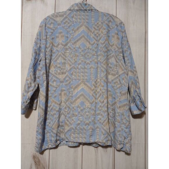 Coldwater Creek Shirt Ladies Extra Large Blue Aztec 3/4 Sleeve 100% Linen Button - Picture 2 of 7